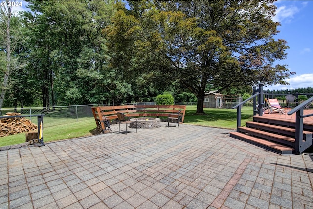 view of patio / terrace featuring a wooden deck and a fire pit