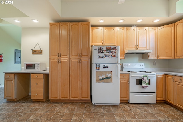 kitchen with light brown cabinetry, electric panel, and white appliances