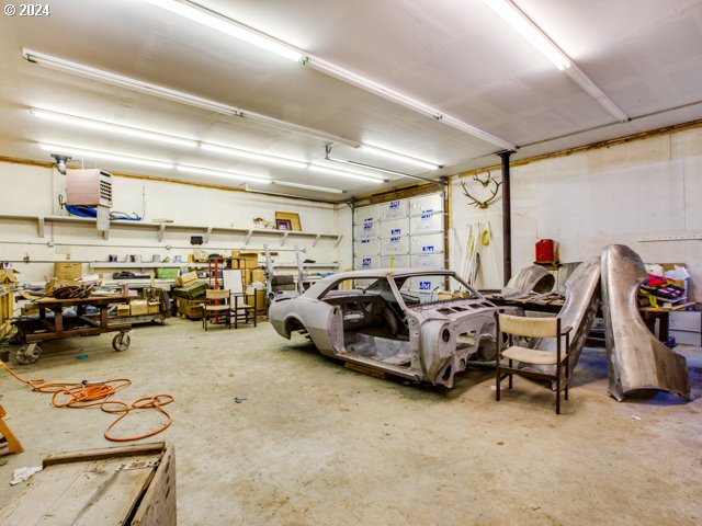 garage with a workshop area