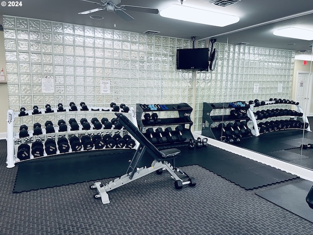 workout area with a ceiling fan and visible vents
