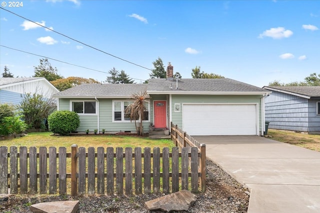 ranch-style home with a garage, concrete driveway, a chimney, fence, and a front yard