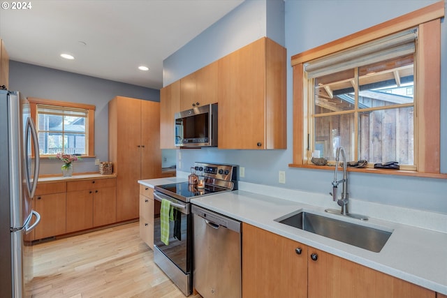 kitchen with stainless steel appliances, sink, and light wood-type flooring