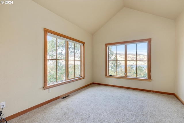 spare room with carpet flooring and lofted ceiling