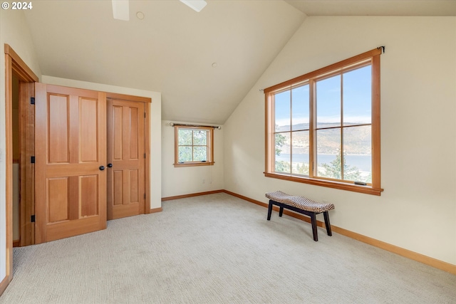 bonus room with lofted ceiling and light colored carpet