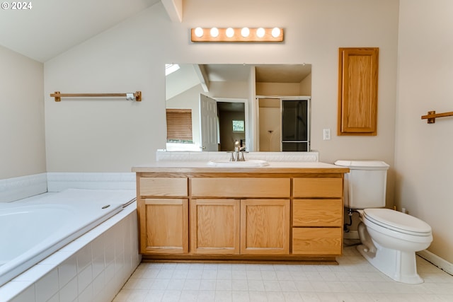 bathroom with lofted ceiling, a garden tub, toilet, vanity, and a shower stall