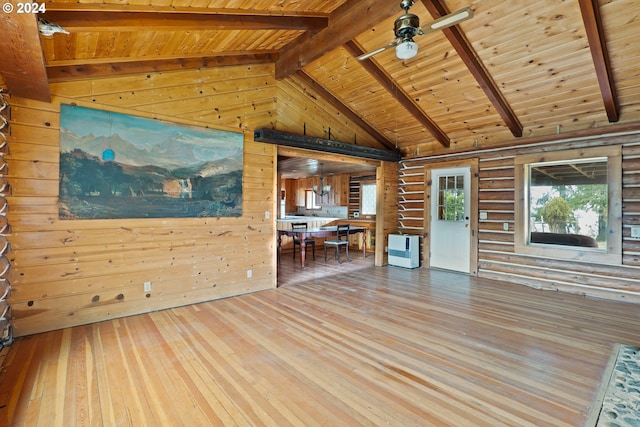 unfurnished living room featuring hardwood / wood-style floors, ceiling fan, wood ceiling, and wood walls