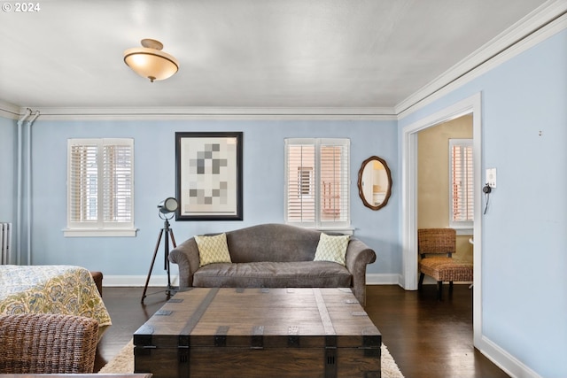 living room featuring ornamental molding, dark wood-type flooring, and radiator heating unit