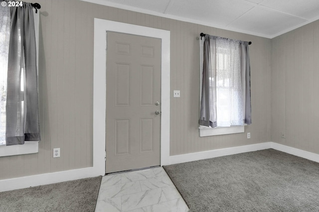 foyer featuring carpet and wood walls