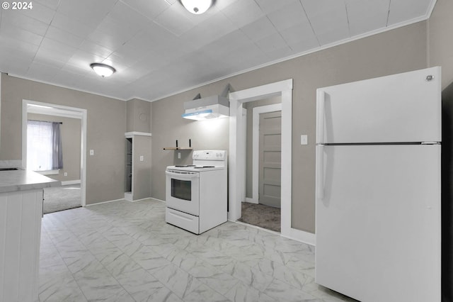 kitchen with white appliances, crown molding, and extractor fan