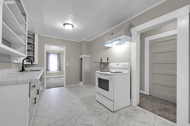 kitchen with white electric range oven, sink, light colored carpet, and ornamental molding