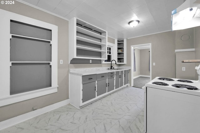 kitchen featuring gray cabinetry, ornamental molding, white range with electric stovetop, sink, and built in features