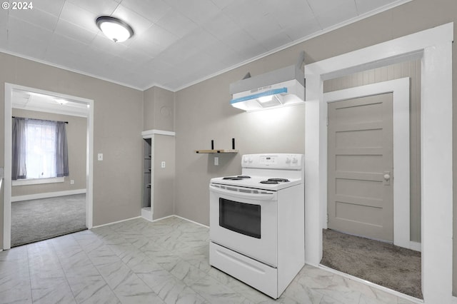 kitchen with extractor fan, crown molding, light colored carpet, and electric stove