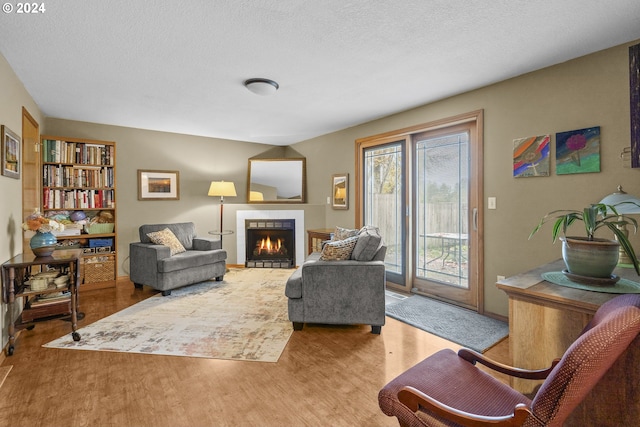 living room with a fireplace, hardwood / wood-style floors, and a textured ceiling