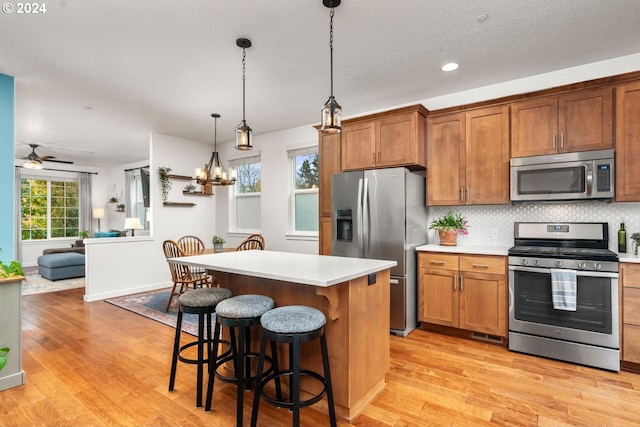 kitchen with light hardwood / wood-style floors, a healthy amount of sunlight, and stainless steel appliances