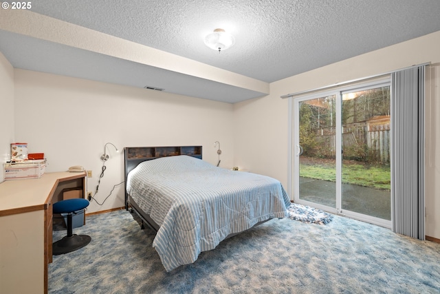 bedroom with visible vents, baseboards, access to outside, dark colored carpet, and a textured ceiling