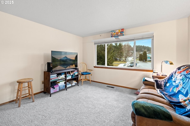 living area with carpet flooring, a textured ceiling, and baseboards