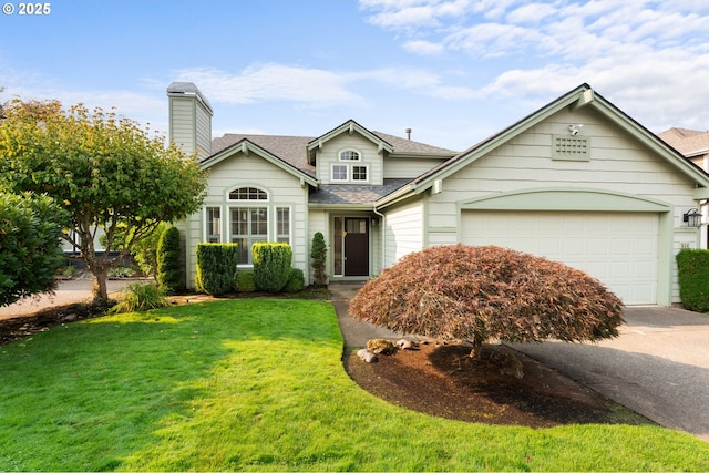 view of front of property featuring a front yard and a garage