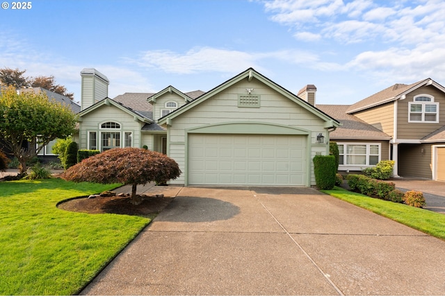 view of front of home with a front lawn and a garage