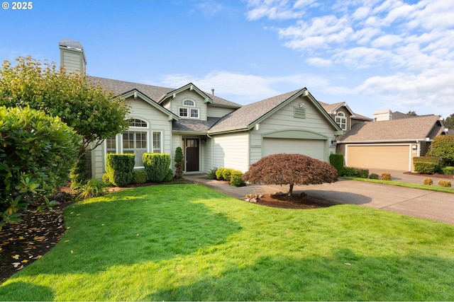 view of front of house featuring a garage and a front lawn