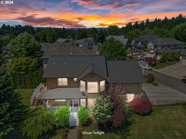 view of aerial view at dusk