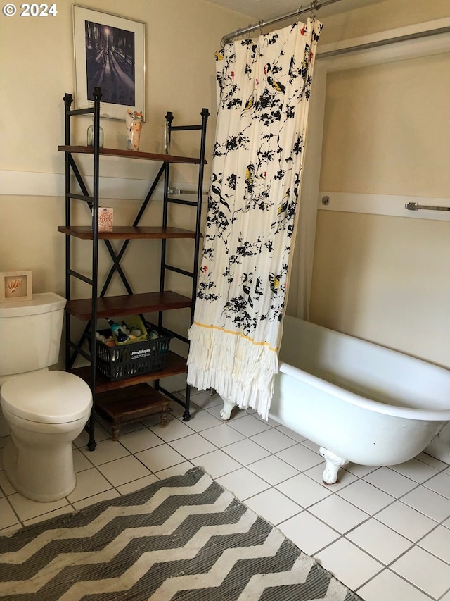 full bathroom with shower / bathtub combination with curtain, toilet, and tile patterned floors