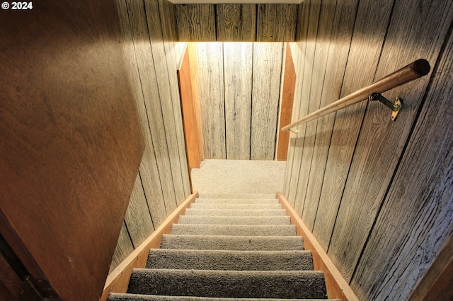 staircase with wood walls