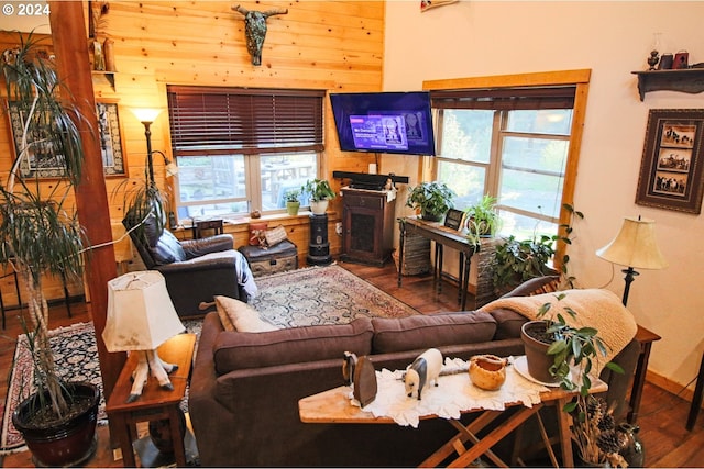 living room featuring wood walls, hardwood / wood-style floors, and a healthy amount of sunlight