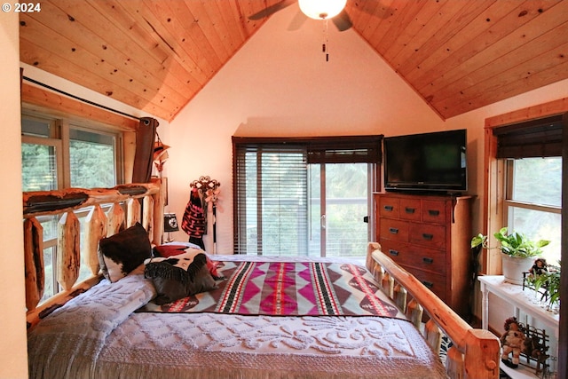 bedroom featuring high vaulted ceiling, ceiling fan, and wooden ceiling