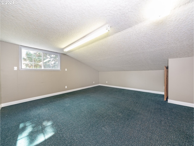 additional living space featuring lofted ceiling, carpet floors, and a textured ceiling