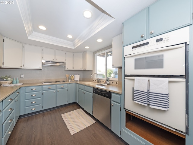 kitchen featuring ornamental molding, a tray ceiling, sink, and stainless steel appliances