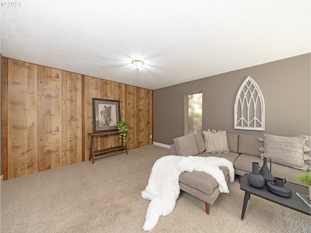 living room featuring wood walls, carpet flooring, and a textured ceiling