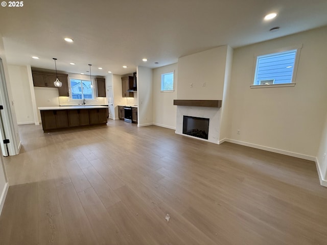 unfurnished living room featuring hardwood / wood-style floors and sink