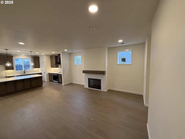 unfurnished living room featuring sink and dark wood-type flooring