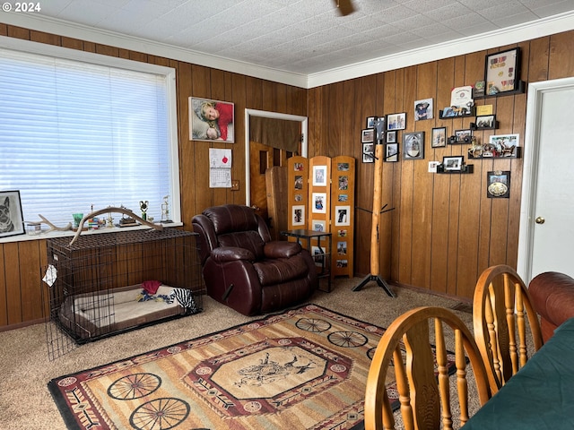 living room with carpet flooring, ornamental molding, and wooden walls