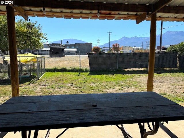 view of patio with a mountain view