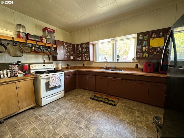 kitchen with white electric stove, freestanding refrigerator, a sink, open shelves, and ornamental molding