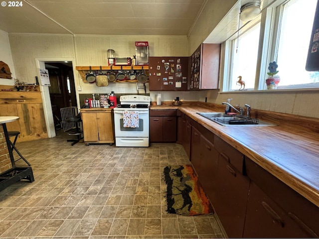 kitchen featuring white electric stove, healthy amount of natural light, a sink, and light countertops