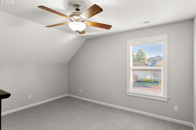 bonus room featuring carpet, ceiling fan, and vaulted ceiling