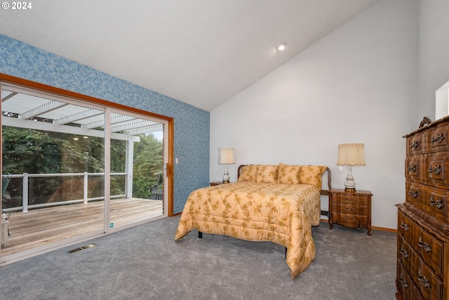 bedroom featuring lofted ceiling, access to outside, and carpet floors