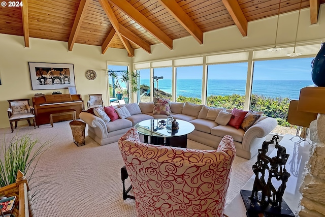 carpeted living room featuring vaulted ceiling with beams, wood ceiling, and a water view