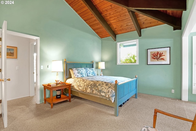 bedroom with beamed ceiling, wood ceiling, and high vaulted ceiling