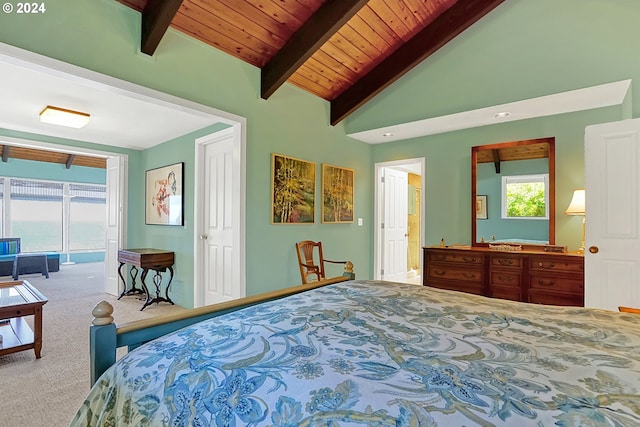 bedroom featuring lofted ceiling with beams, access to outside, carpet, and wooden ceiling