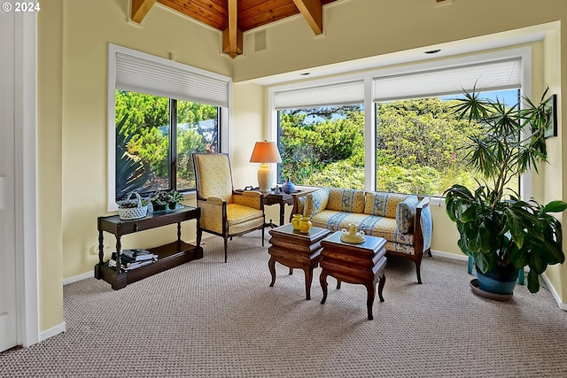 sunroom / solarium with lofted ceiling with beams and wooden ceiling