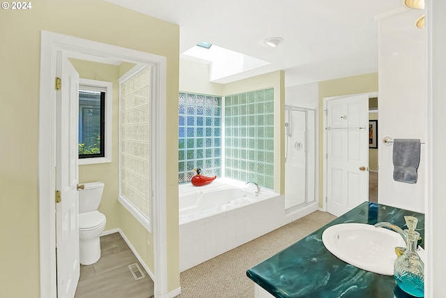 full bathroom featuring visible vents, a skylight, a sink, a shower stall, and a bath