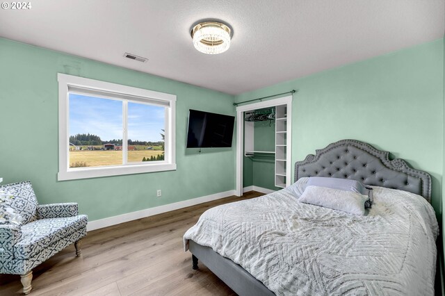 bedroom with wood-type flooring and a closet