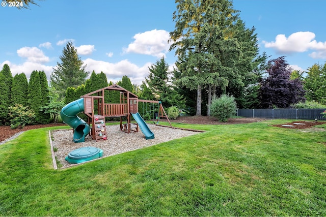 view of play area featuring a lawn