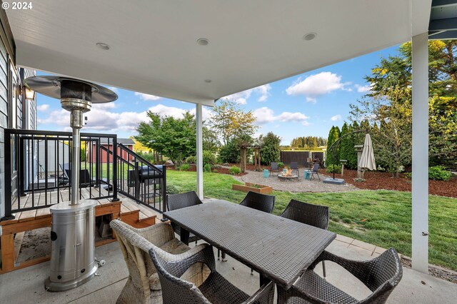 view of patio / terrace featuring an outdoor fire pit