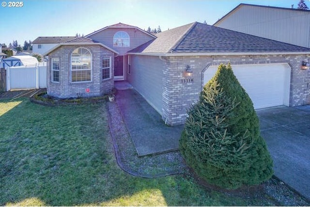ranch-style home with brick siding, driveway, a shingled roof, and a garage