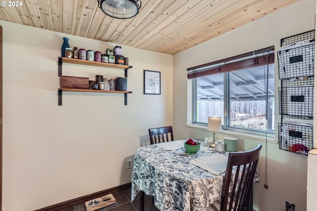 tiled dining area featuring wooden ceiling