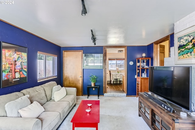 tiled living room featuring track lighting